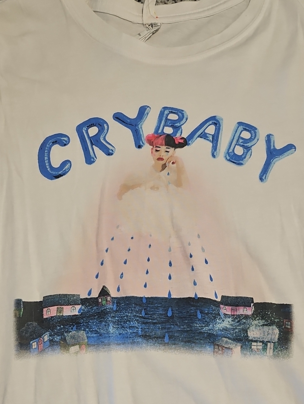 White 'CRYBABY' Graphic Tee with Pastel Illustration